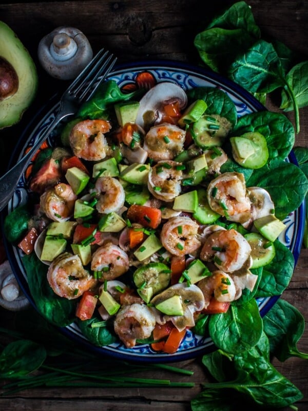 Spinach salad with shrimp and a smoky-sweet dressing - the fresh flavors make a perfect healthy meal or side dish.