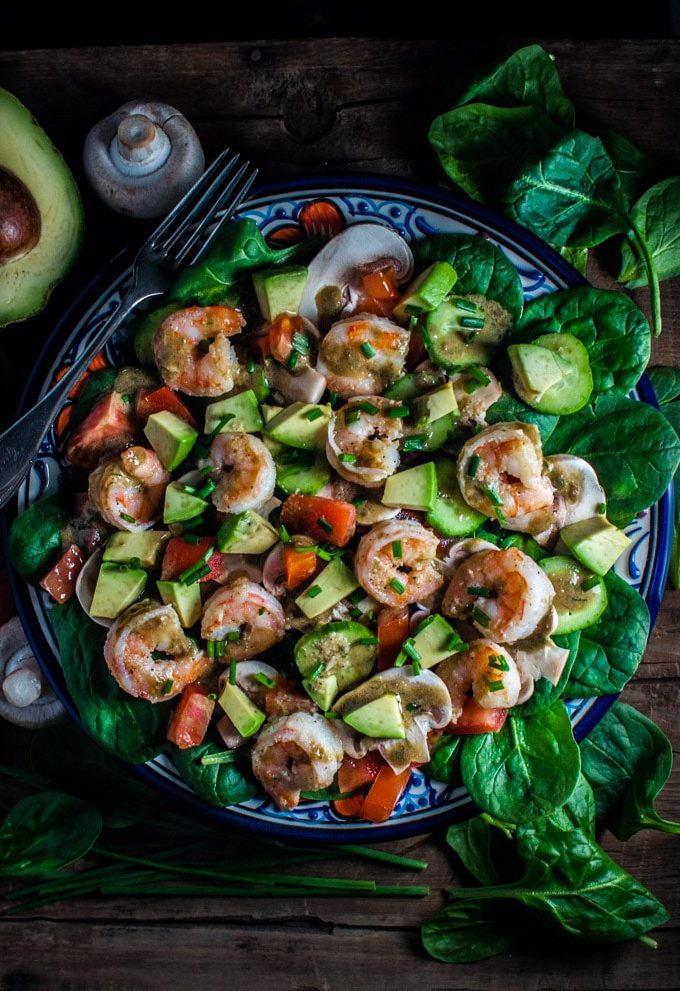 Spinach salad with shrimp and a smoky-sweet dressing - the fresh flavors make a perfect healthy meal or side dish.