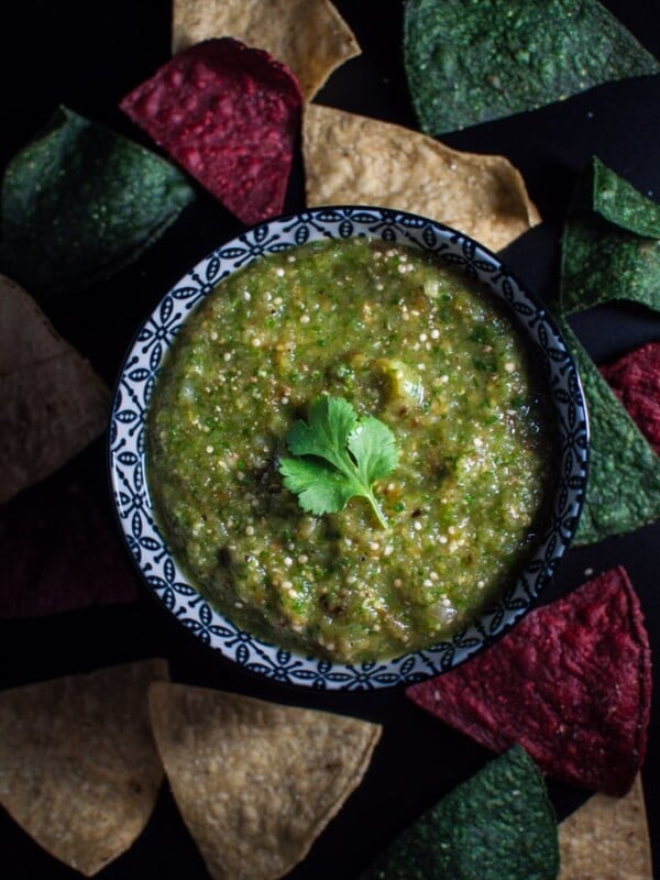 Roast your tomatillos, pop everything in the food processor, and you've got a delicious tomatillo salsa verde.