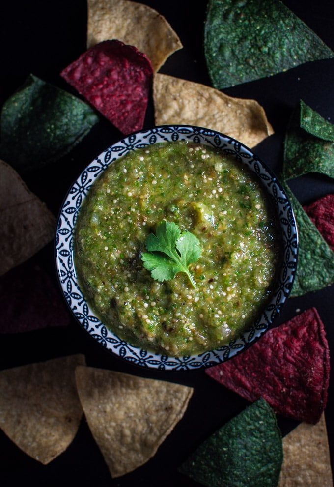 Roast your tomatillos, pop everything in the food processor, and you've got a delicious tomatillo salsa verde.