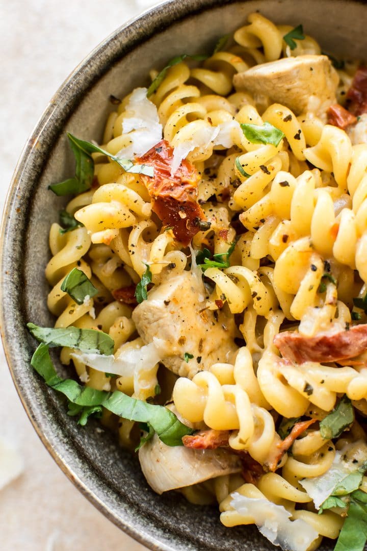 close-up of creamy Cajun chicken pasta with rotini pasta