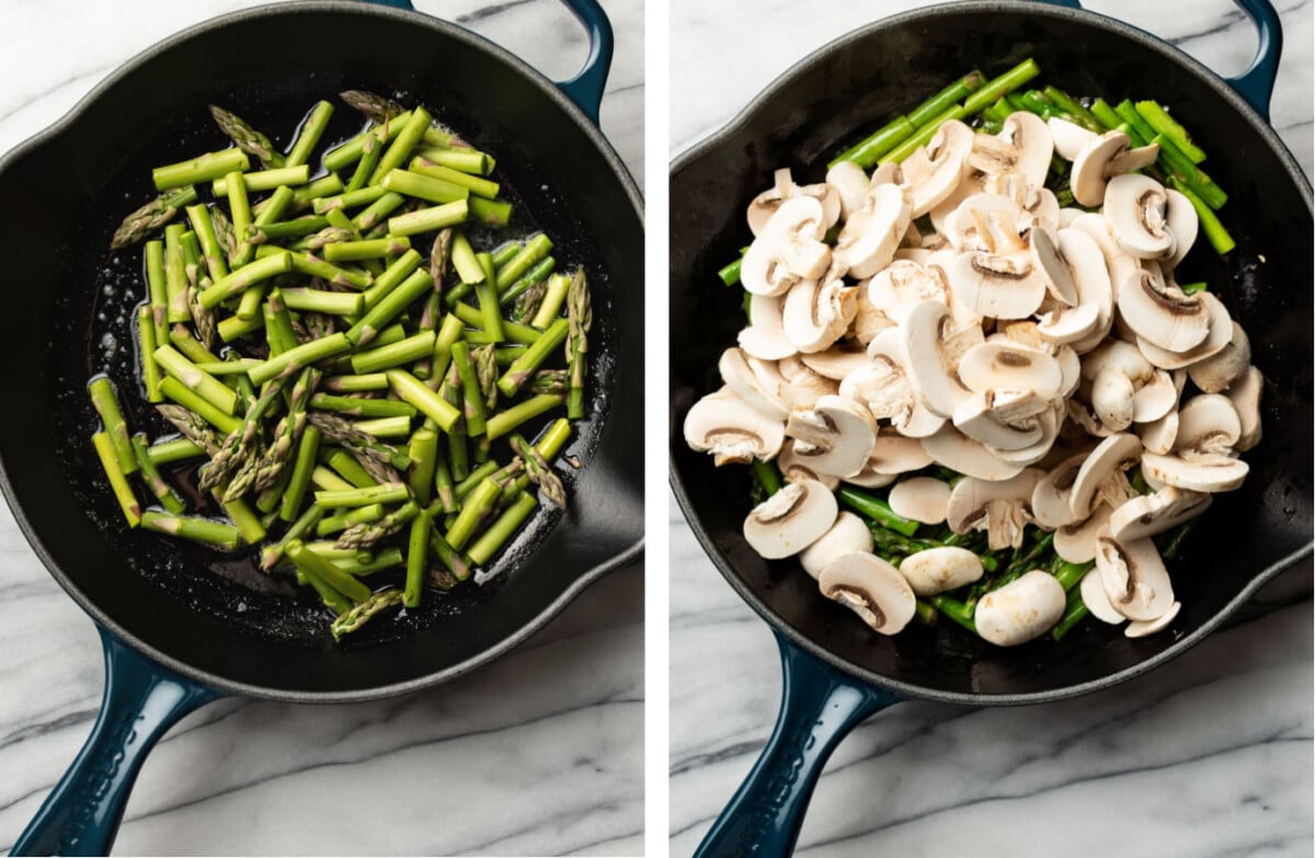 cooking asparagus and mushrooms in a skillet