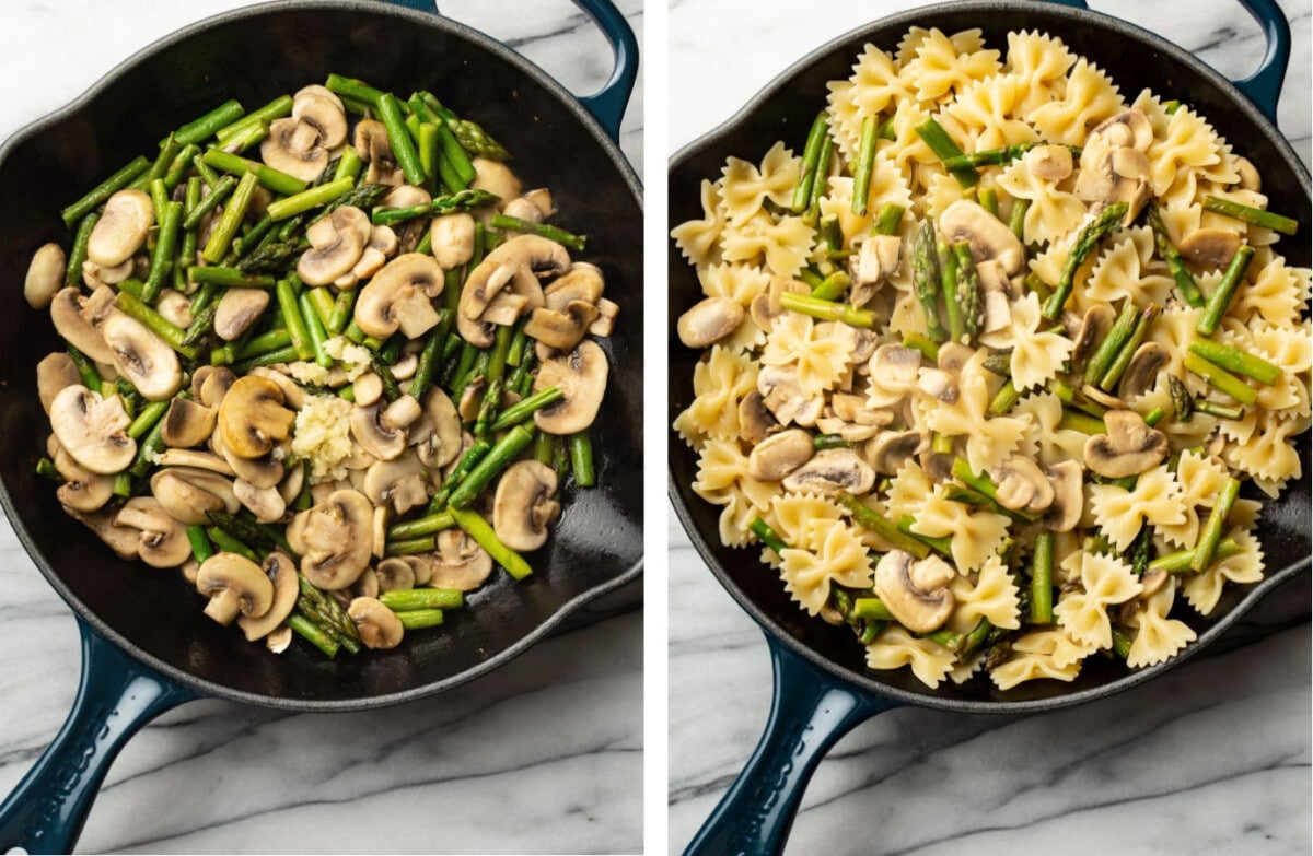 adding pasta to a skillet with mushrooms and asparagus and tossing
