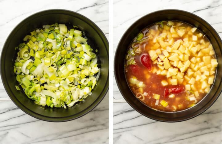 sauteing leeks and adding tomatoes and potatoes to a soup pot