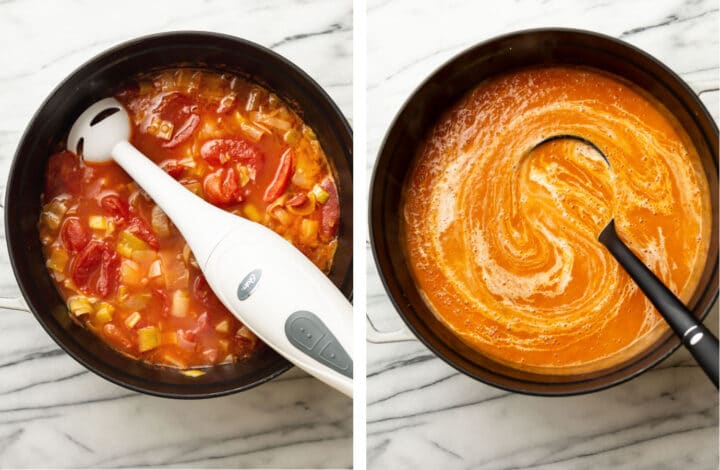 pureeing potato leek tomato soup with an immersion blender and adding in cream