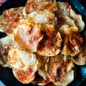 close-up with bowl of small-batch microwave potato chips