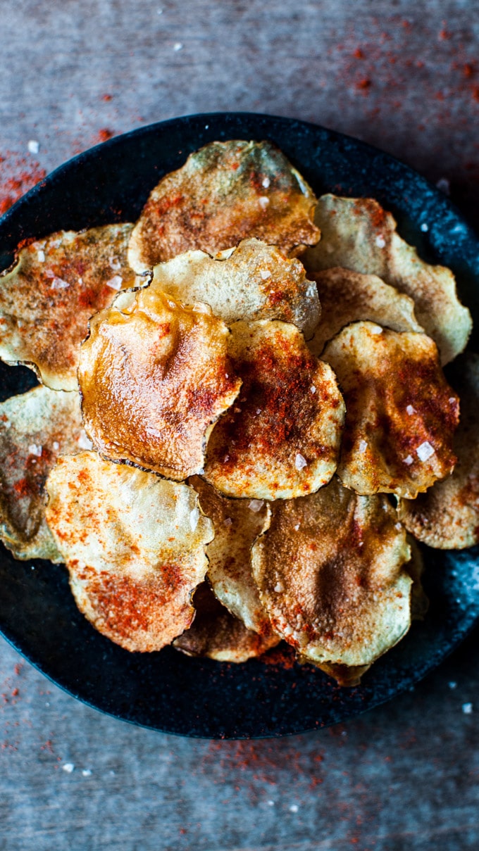 close-up of small batch microwave potato chips with salt