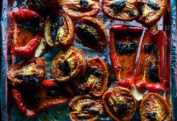 close-up of roasted tomatoes and peppers