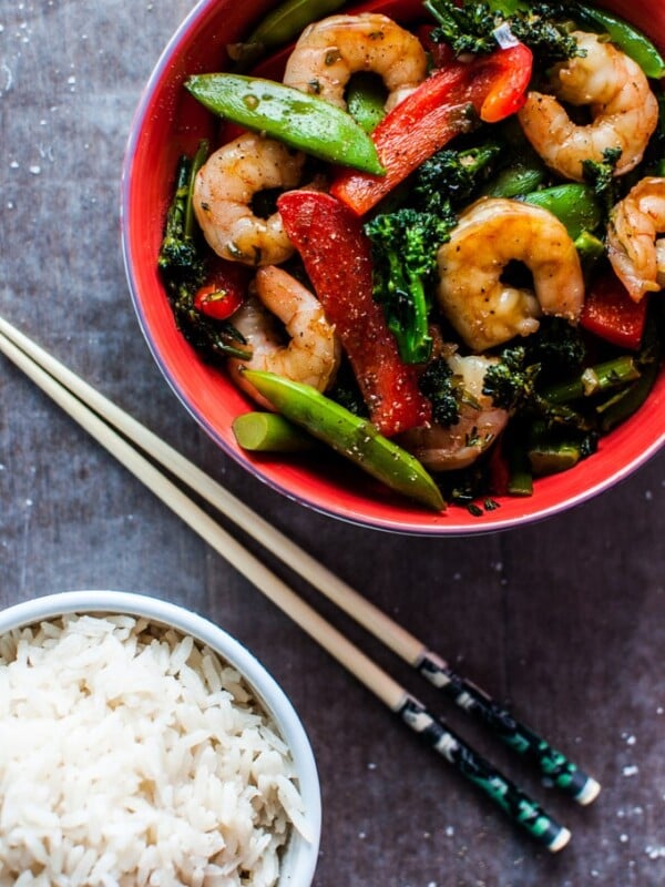 This skinny shrimp stir fry is ready in under half an hour and is packed with flavor and veggies!