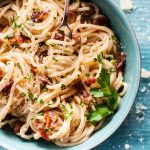 close-up of creamy bacon spaghetti on a fork