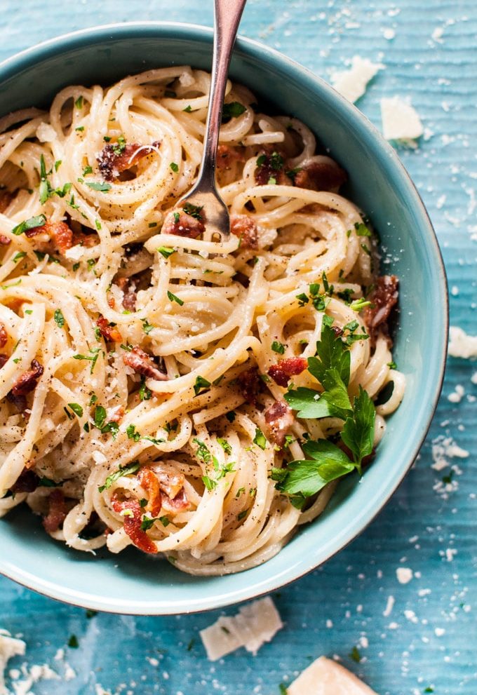 close-up of creamy bacon spaghetti on a fork