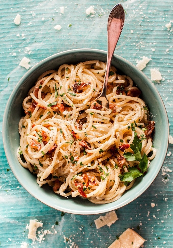 teal bowl of creamy bacon spaghetti with a fork