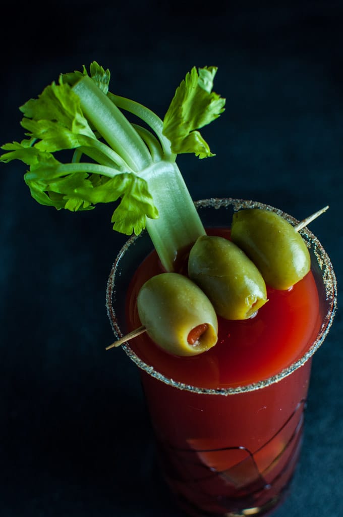 close-up of Canada\'s classic caesar cocktail with Clamato juice, Worcestershire sauce, lime, and Tabasco