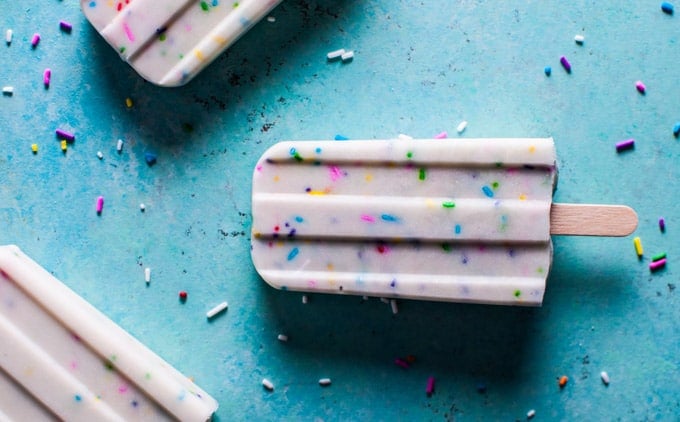 close-up of a vanilla Greek yogurt funfetti popsicle