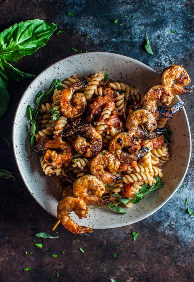 This spicy pasta with grilled shrimp is a marriage made in food heaven. The shrimp are to die for!