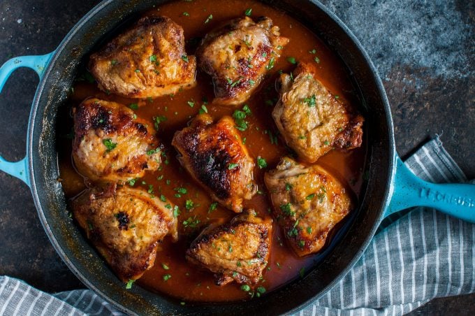 skillet with crispy braised apricot chicken