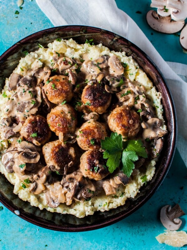 Chicken meatballs in a creamy mushroom sauce makes a deliciously comforting and cozy meal.