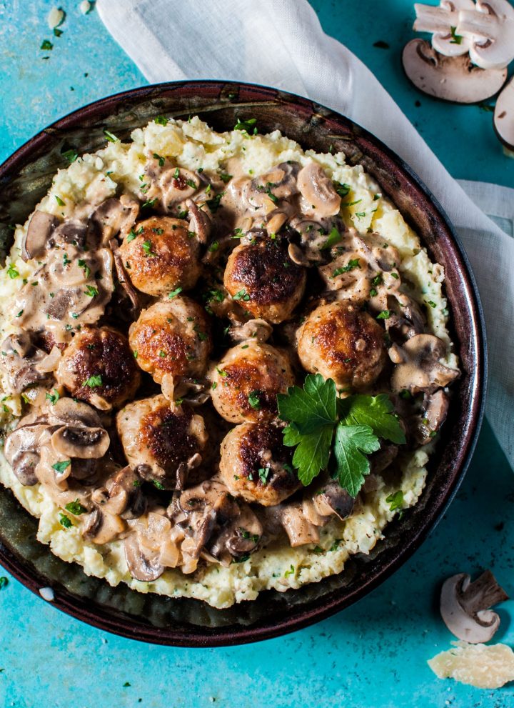 Chicken meatballs in a creamy mushroom sauce makes a deliciously comforting and cozy meal.