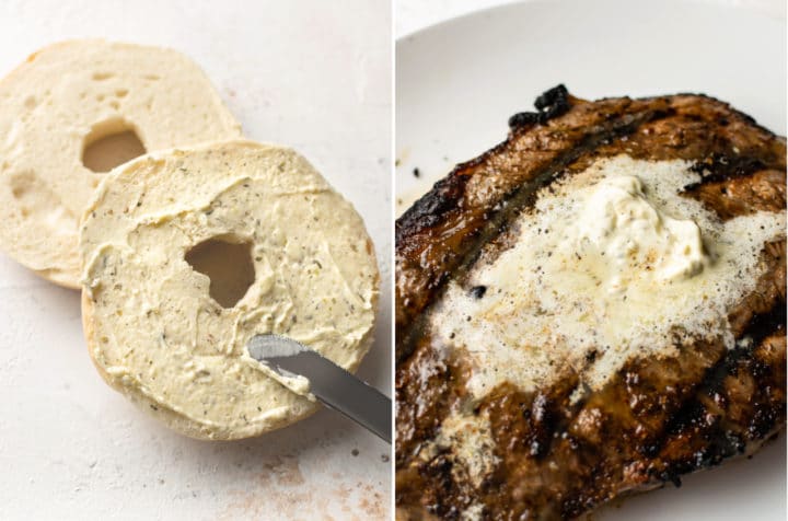 collage with garlic herb butter spread on a bagel and melted on a ribeye steak