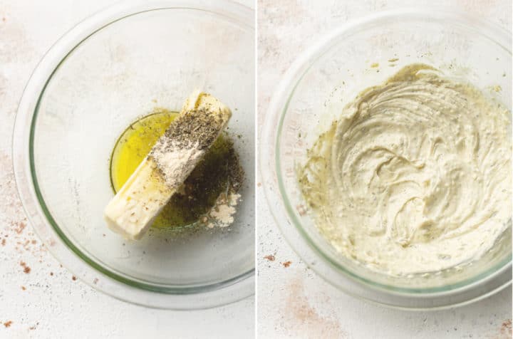 spreadable butter collage of glass prep bowls (one prior to mixing and one right after mixing)