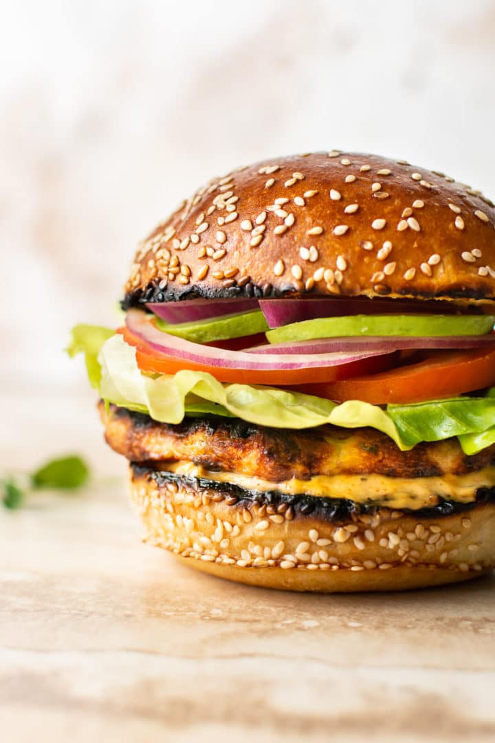 grilled ground chicken burger loaded with toppings