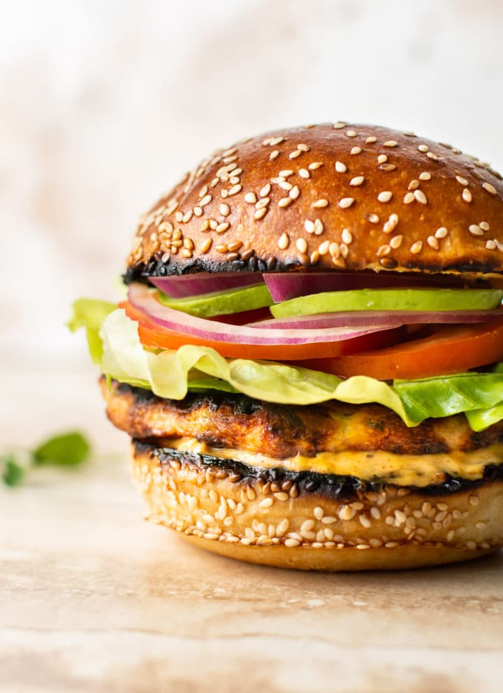 grilled ground chicken burger loaded with toppings