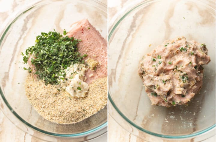 easy ground chicken burgers collage (burger patty ingredients in a glass prep bowl on one side and it all mixed together in the glass bowl on the second side)