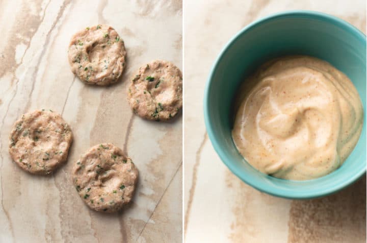 collage with ground chicken burger patties (raw) on wax paper and the burger sauce in a blue bowl