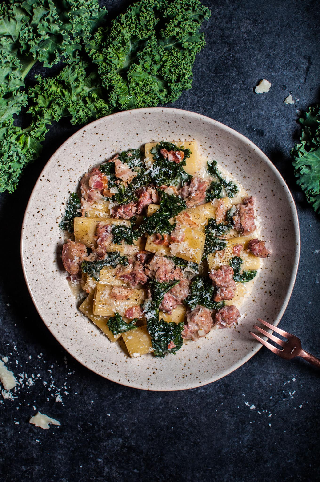 One Pot Rigatoni with Sausage, Bacon, and Kale