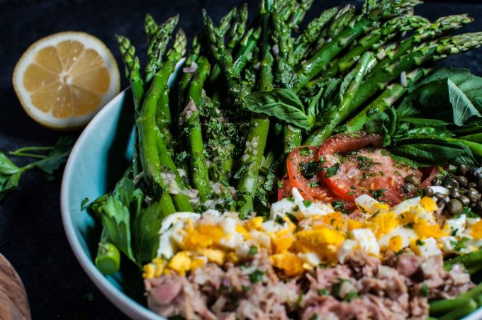 asparagus and green bean salad with tuna and egg close-up