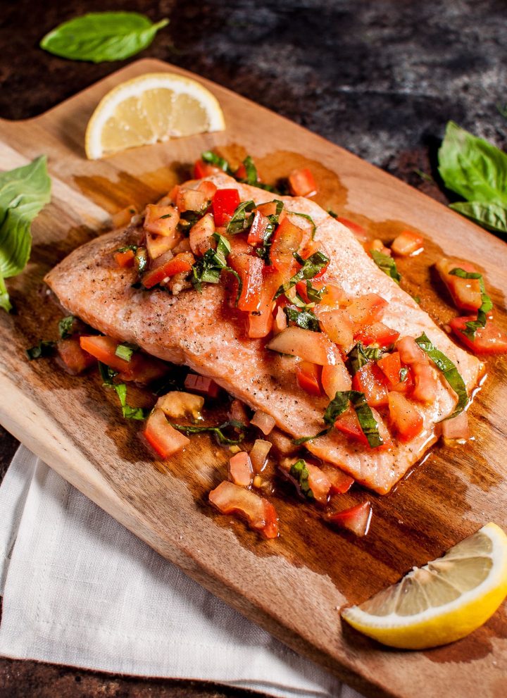 Bruschetta salmon is an easy, summery dish that is a great way to take advantage of in-season tomatoes and basil. Ready in under 30 minutes!