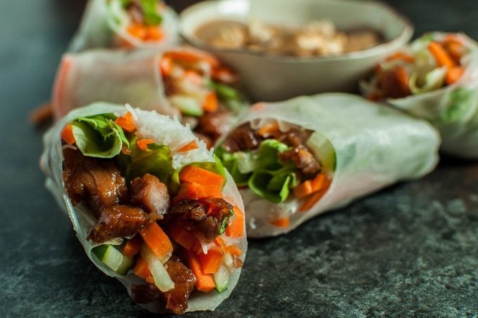 close-up of caramelized pork salad rolls