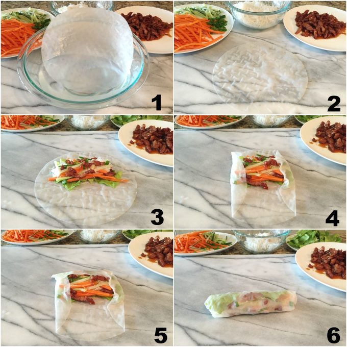 collage with step-by-step numbered photos of how to assemble a rice paper salad roll