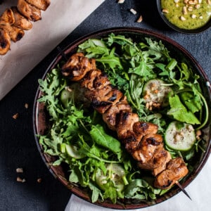This chicken kabob salad with peanut lime dressing is tangy-sweet, flavorful, and filling. A deliciously healthy summer meal idea!