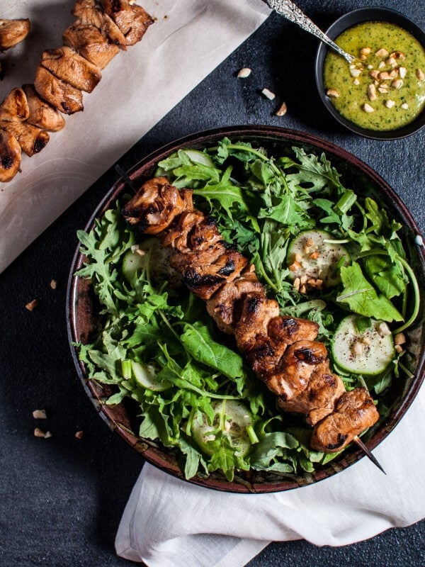 This chicken kabob salad with peanut lime dressing is tangy-sweet, flavorful, and filling. A deliciously healthy summer meal idea!