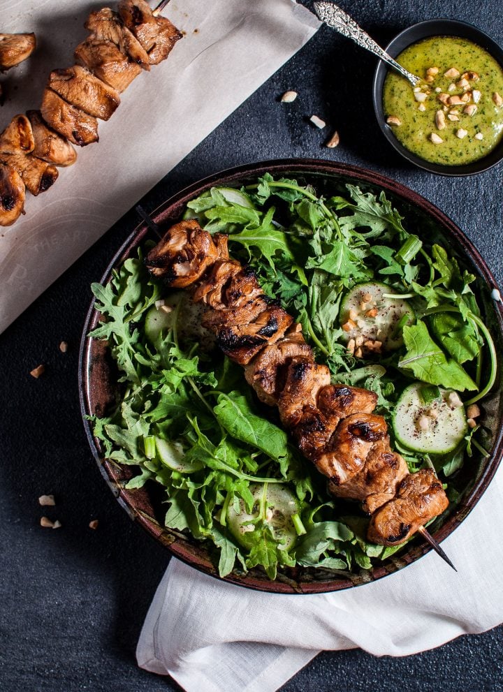 This chicken kabob salad with peanut lime dressing is tangy-sweet, flavorful, and filling. A deliciously healthy summer meal idea!