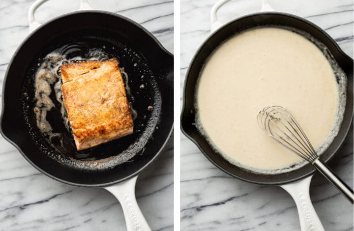 pan searing salmon fillet in a cast iron skillet and making the sauce for creamy salmon pasta in a skillet