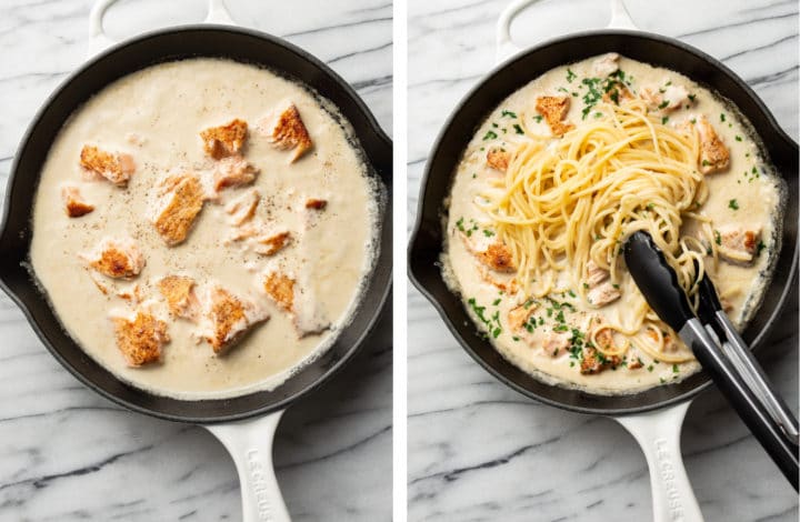 adding salmon back into the sauce for creamy garlic salmon pasta and then mixing in spaghetti with tongs