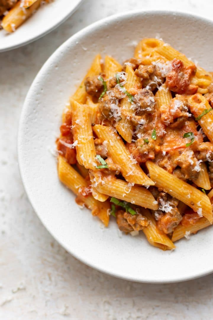 Italian sausage penne close-up