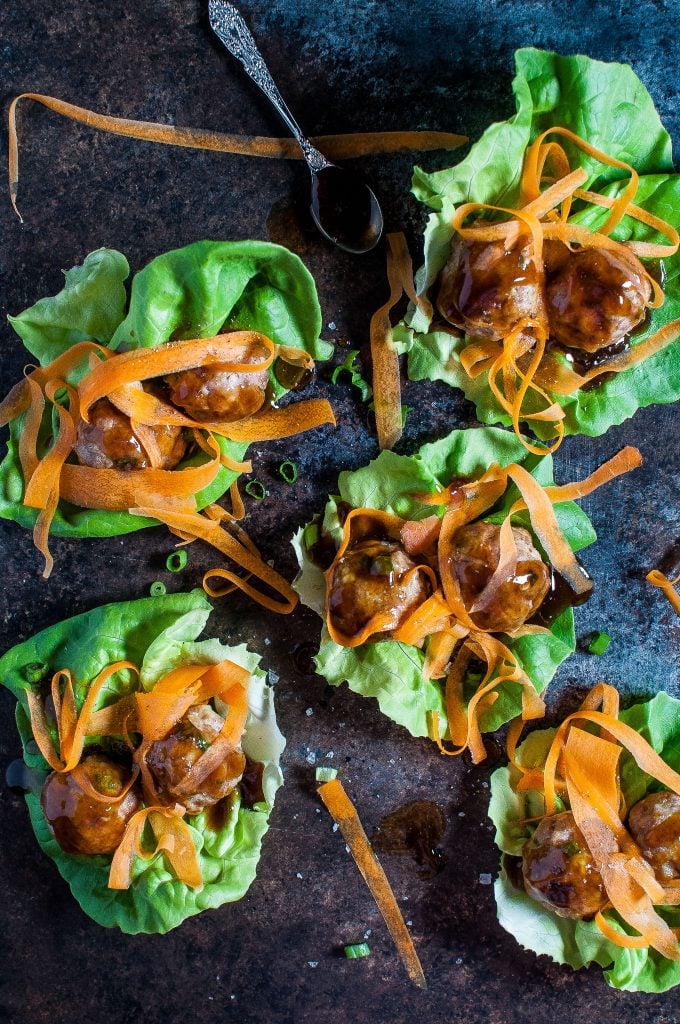 several teriyaki pork meatball lettuce wraps