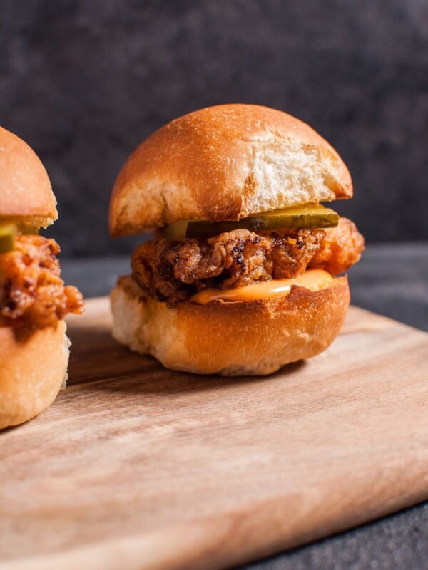 Tender fried chicken sliders with spicy mayo are a tasty little treat!