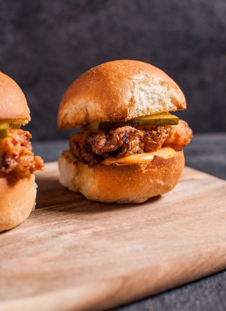 Tender fried chicken sliders with spicy mayo are a tasty little treat!