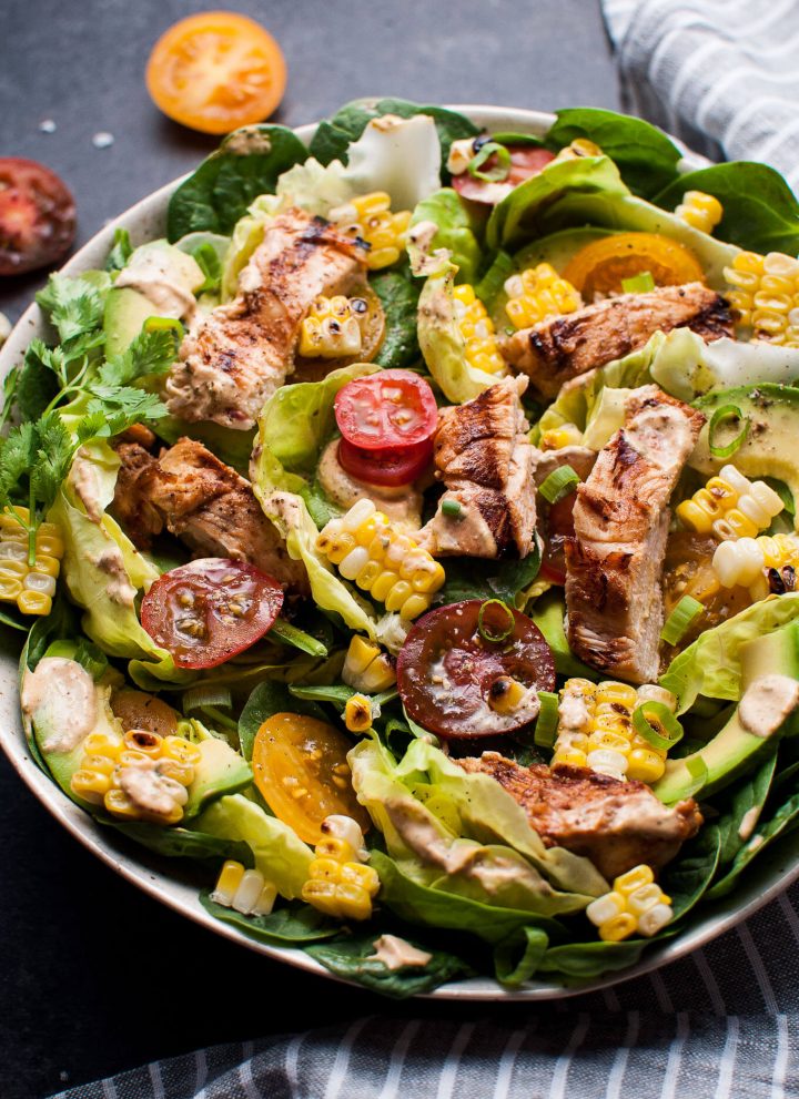 This grilled chicken salad with chipotle cilantro lime ranch dressing is smoky, fresh, and delicious.