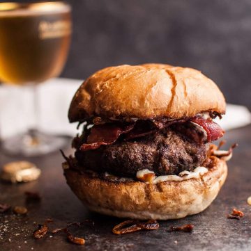 Beef burgers with bacon, horseradish mayo & fried onions are seriously delicious and easy to make.