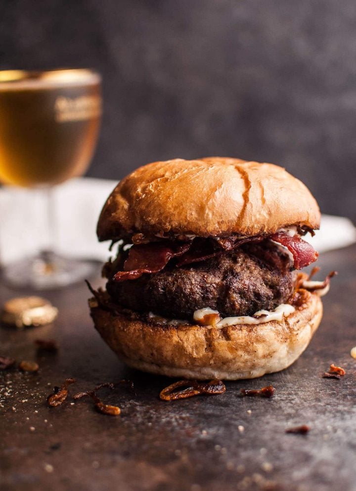 Beef burgers with bacon, horseradish mayo & fried onions are seriously delicious and easy to make.