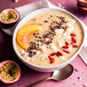 This peach and passion fruit smoothie bowl makes a healthy breakfast or snack. A great way to enjoy fresh summer peaches!