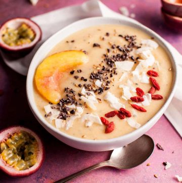 This peach and passion fruit smoothie bowl makes a healthy breakfast or snack. A great way to enjoy fresh summer peaches!