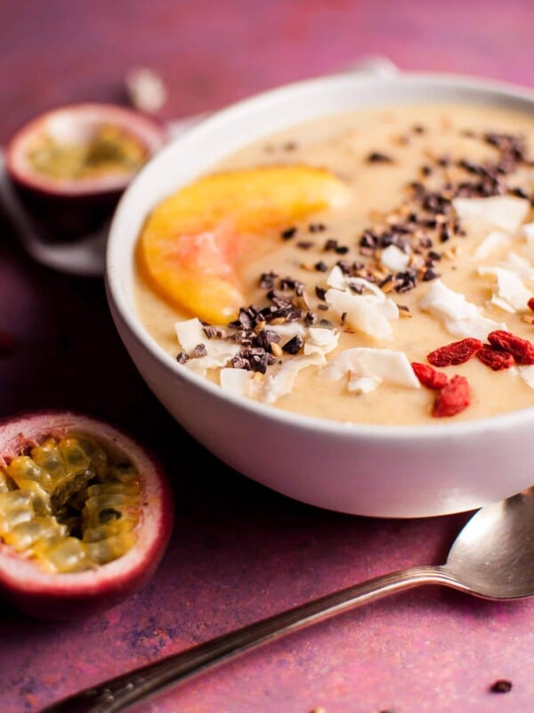 This peach and passion fruit smoothie bowl makes a healthy breakfast or snack. A great way to enjoy fresh summer peaches!