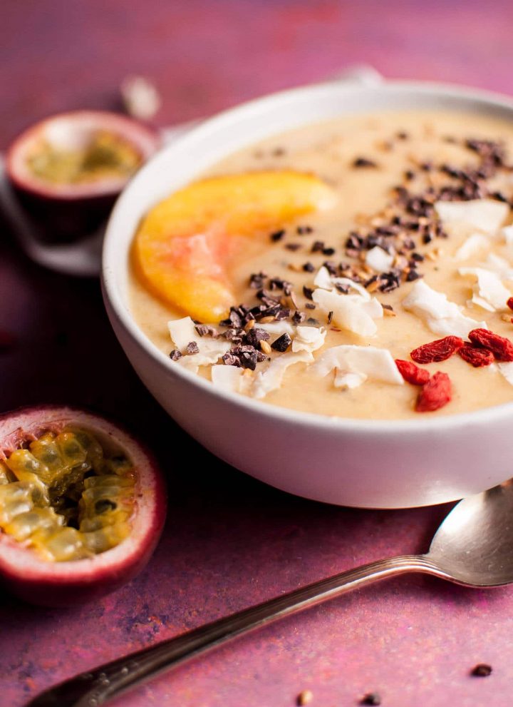 This peach and passion fruit smoothie bowl makes a healthy breakfast or snack. A great way to enjoy fresh summer peaches!