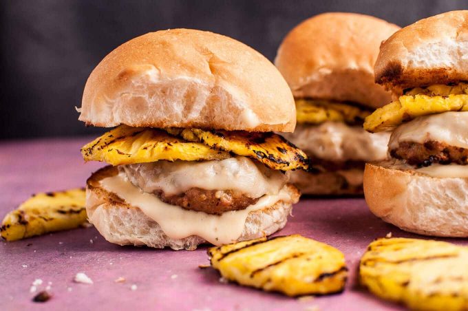 close-up of easy pork sliders with grilled pineapple